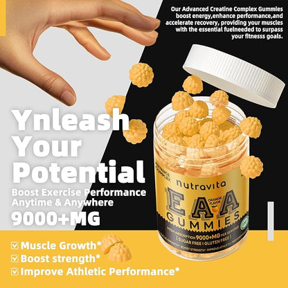 EAA Gummies 120 Gummies (Orange), Essential Amino Acids - All 9 Essential Aminos (EAA) and All Branched-Chain Aminos (BCAAs), Non-GMO, Gluten Free, Vegetarian Friendly