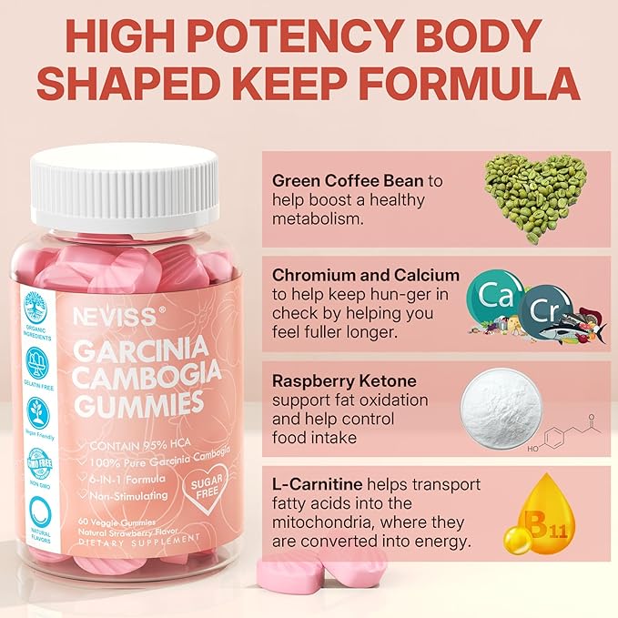 Sugar Free Garcinia Cambogia Gummies 1000mg 95% HCA Pure Extract with L-Carnitine, Raspberry Ketone, Chromium, Green Coffee Bean for Metabolism, 100% Organic Extract, Vegan, Strawberry Flavor 60 Cts