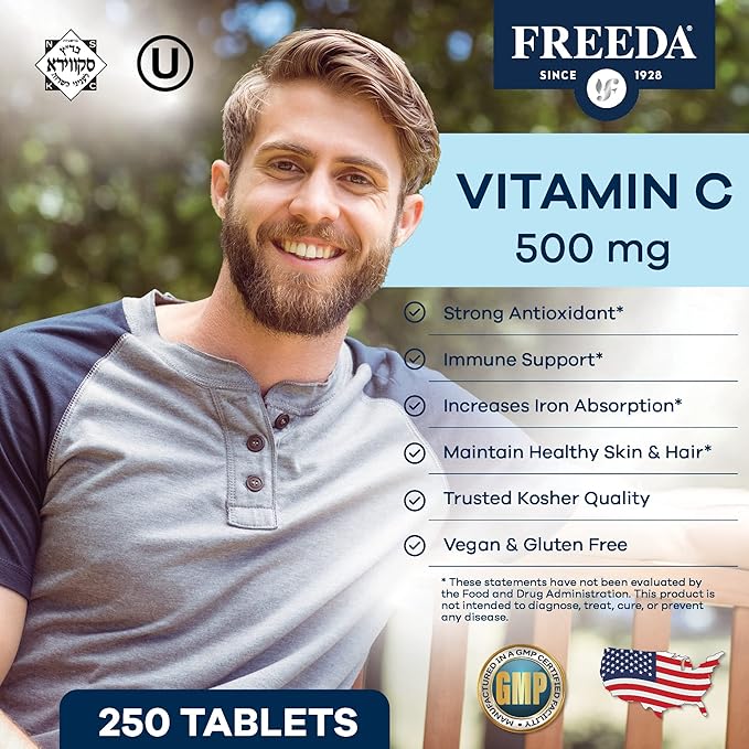FREEDA Vegan Vitamin C 500mg – Kosher Immune Support & Antioxidant – Helps Maintain Healthy Skin & Hair, Supports Iron Absorption – No Gluten, No Lactose, No Artificial Flavor or Color – 250 Tablets