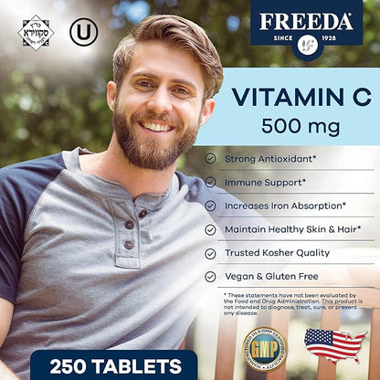 FREEDA Vegan Vitamin C 500mg – Kosher Immune Support & Antioxidant – Helps Maintain Healthy Skin & Hair, Supports Iron Absorption – No Gluten, No Lactose, No Artificial Flavor or Color – 250 Tablets