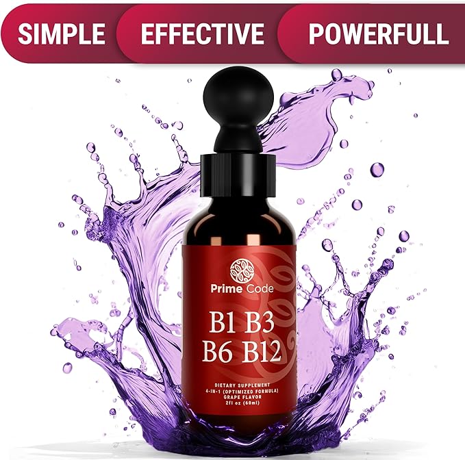 Prime Code Liquid Vitamin B1 Drops with Vitamin B3 B6 & B12 | B Complex Liquid Supplement | Thiamine Supplement for Adults | High Absorption | Immune Support | Non-GMO | Gluten-Free