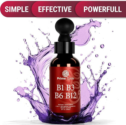 Prime Code Liquid Vitamin B1 Drops with Vitamin B3 B6 & B12 | B Complex Liquid Supplement | Thiamine Supplement for Adults | High Absorption | Immune Support | Non-GMO | Gluten-Free