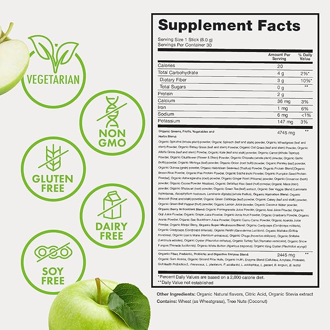 Organic Super Greens Powder, 70+ Superfoods, 0 Sugar, 3G Fiber, Spirulina, Chlorella, Antioxidants, Prebiotics/Probiotics, Digestive Enzymes, Green Apple, 30 Drink Mix Packets