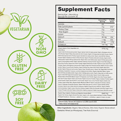 Organic Super Greens Powder, 70+ Superfoods, 0 Sugar, 3G Fiber, Spirulina, Chlorella, Antioxidants, Prebiotics/Probiotics, Digestive Enzymes, Green Apple, 30 Drink Mix Packets