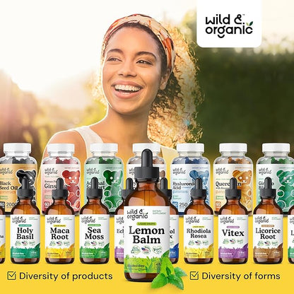 Wild & Organic Lemon Balm Tincture - Mood Support Supplement - Melissa Lemon Balm Leaf Extract Drops - Vegan, Sugar & Alcohol-Free Calming Supplement - 4 fl oz