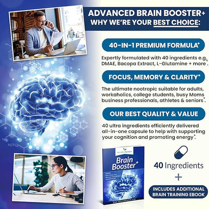 40-in-1 Brain Booster Supplement for Focus, Memory, Clarity, Energy | Advanced Vitamins Plus eBook | for Men & Women, Cognitive Function Nootropic Support with DMAE, Mind Health Formula | 60 Capsules