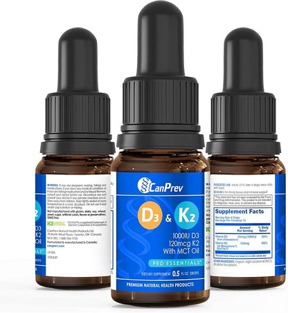 CanPrev D3 & K2 Drops - MCT Oil Base, 15ml Liquid Vitamin Supplement, 450 Drops with 250IU D3 & 30mcg MK-7 K2, Supports Strong Bones & Teeth, Easy-to-Take Formula, Free from Gluten, Dairy, Soy & Sugar