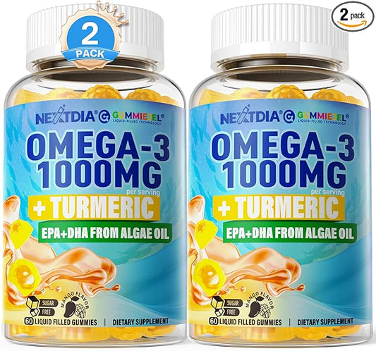 Vegan Omega-3 Gummies 1000mg + Turmeric - Omega 3 Fish Oil Alternative for Adults - Algae DHA 600mg & EPA 300mg, Vitamins A, C, E, Zinc & MSM, Sugar Free, 120 Cts