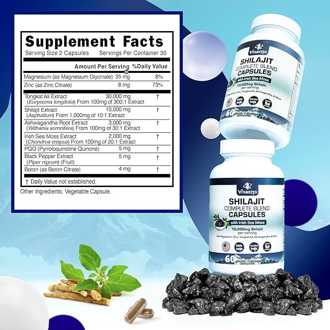 Pure Himalayan Shilajit for Men & Women - Boost Stamina, Athleticism, Support Metabolism & Energy | 10,000mg Shilajit Ashwagandha Supplements + Irish Sea Moss, Tongkat Ali, PQQ & More - 60 Capsules