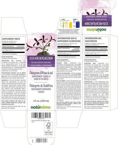Naturalma South African Pelargonium or Umckaloaba (Pelargonium sidoides) Root Alcohol-Free Tincture - 4 fl oz Liquid Extract in Drops - Herbal Supplement - Vegan