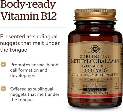 Solgar Methylcobalamin (Vitamin B12) 5000 mcg - Supports Energy Metabolism - Body-Ready, Active Form of B12 - Vitamin B - Non GMO, Vegan, Gluten, Dairy Free, Kosher - Cherry, 60 Count