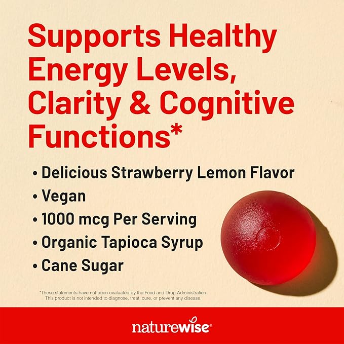 NatureWise Vitamin B12 Gummies for Adults, 1000 mcg - Strawberry Lemon Flavor - Supports Daily Energy, Mental Clarity, Cognitive Function - Vegan, Gluten-Free, Non-GMO - 90 Count[45-Day Supply]
