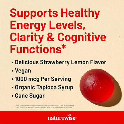 NatureWise Vitamin B12 Gummies for Adults, 1000 mcg - Strawberry Lemon Flavor - Supports Daily Energy, Mental Clarity, Cognitive Function - Vegan, Gluten-Free, Non-GMO - 90 Count[45-Day Supply]