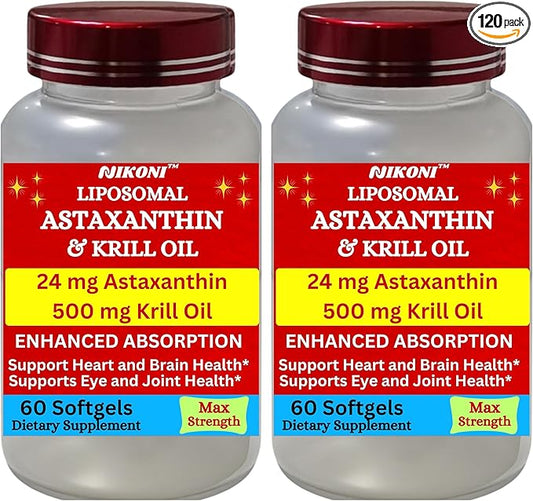 Liposomal Astaxanthin 24mg with Kril Oil 500mg Supplement, 120 softgels