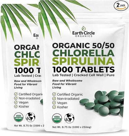 Premium Organic CHLORELLA /SPIRULINA 1000 Tablets (50/50) Kosher, Vegan - Green Algae Superfood, Cracked Cell Wall, Chlorophyll, High in Protein & Iron, no additives, or fillers 8.75 Oz (2 Pack)
