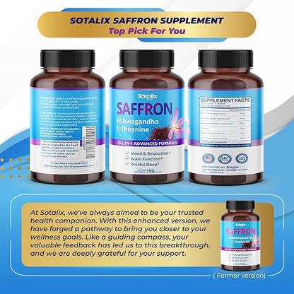 Saffron with Ashwagandha, Ginseng, L-Theanine, Relaxation, Restore - USA Made & Tested (150-day Supply (Pack of 1))