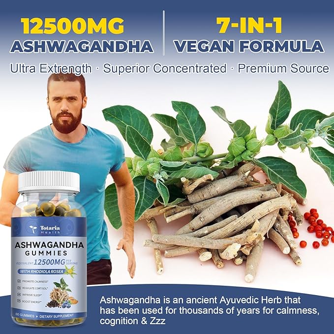 (2 Packs) Sugar Free Ashwagandha Filled Gummies w/Vitamin D3, Magnesium Glycinate, Rhodiola, Ultra Strength Ashwa Root Supplements for Women & Wen, for Relaxation, Energy, Cortisol Gummies