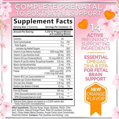 Prenatal Vitamins for Women with DHA & Folic Acid - Best Prenatal Multivitamin Gummies for Women, Brain Development Support, Folate, Vitamin C, D3 & B12, Pre Natal Pregnancy Supplement - 60 Gummies
