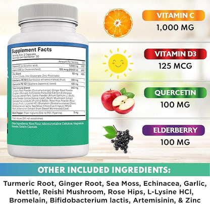 Quercetin Zinc Vitamin C Vitamin D Bromelain Elderberry - Nettle Supplement with Artemisinin, Sea Moss, Echinacea - 180 Count