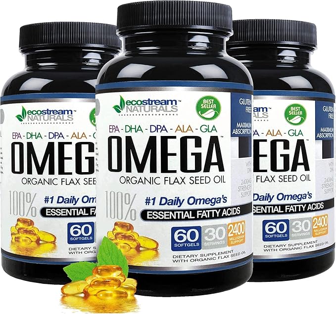 Omega 3-6-9 Blend with DPA, EPA, DHA, ALA and GLA and Organic Flax Seed Oil, Over 2,800 Milligram Strength - Gluten Free - Easy to Swallow - 60 SoftGels