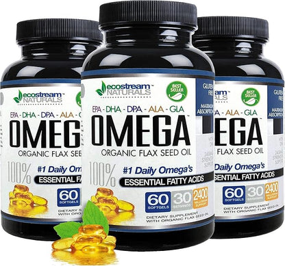 Omega 3-6-9 Blend with DPA, EPA, DHA, ALA and GLA and Organic Flax Seed Oil, Over 2,800 Milligram Strength - Gluten Free - Easy to Swallow - 60 SoftGels