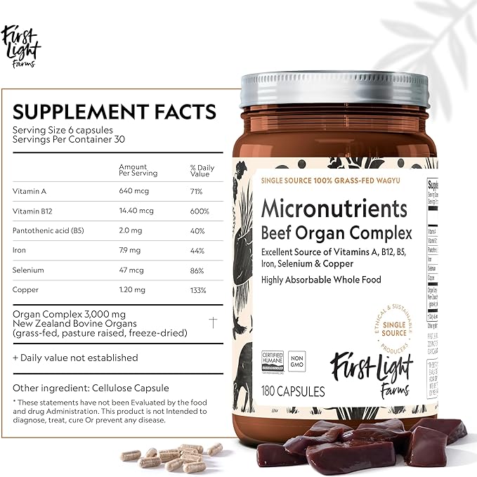 First Light Farms Freeze-Dried Wagyu Beef Organ Supplement Grass-Fed | 180 Capsules | Whole Food Nutrition with Liver, Heart, Kidney & Spleen | Beef Organ Complex, Certified Humane