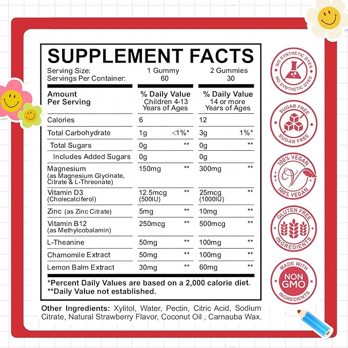 Kids Magnesium Glycinate Gummies with Calm Magnesium Citrate, L-Threonate Supplement for Kids & Adults with Zinc, Vitamin D3, B12, L-Theanine for Sleep Bone & Muscle Mood, Strawberry, 60ct