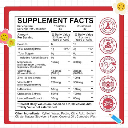 Kids Magnesium Glycinate Gummies with Calm Magnesium Citrate, L-Threonate Supplement for Kids & Adults with Zinc, Vitamin D3, B12, L-Theanine for Sleep Bone & Muscle Mood, Strawberry, 60ct