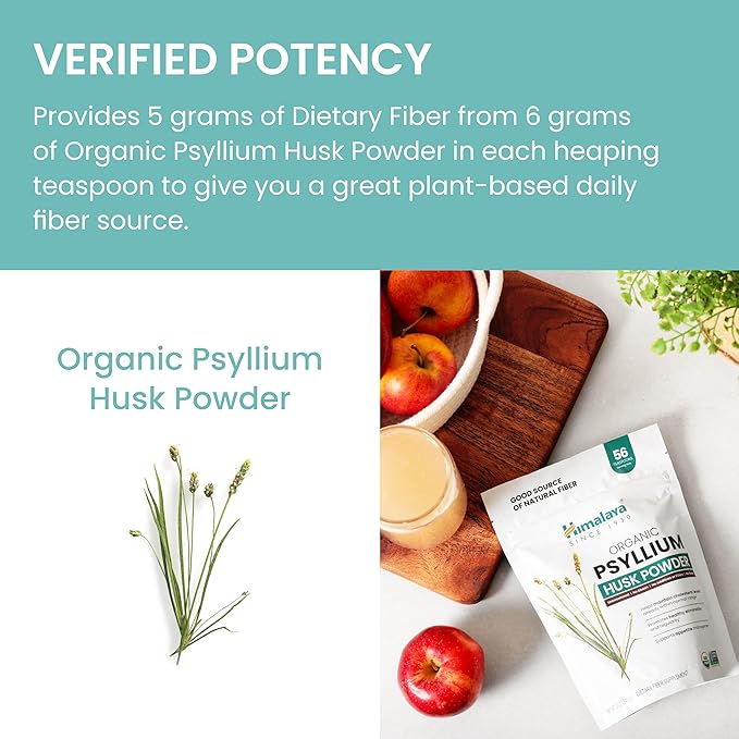 Himalaya Organic Psyllium Husk Powder, Daily Dietary Fiber Supplement, Regularity, Appetite Management, USDA Certified Organic, Non-GMO, No Artificial Colors, Unflavored, 56-Teaspoon Supply, 12 Oz