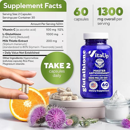 Reduced Glutathione Supplement 1000mg - USA Made Glutathione Capsules with Vitamin C & Milk Thistle for Liver Care, Skin Support & Immune Well-Being - 60 Count