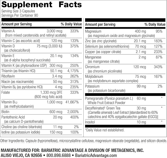 Bariatric Advantage Ultra Multi Without Iron - High Potency Multivitamin - for Surgery Patients with Calcium, Vitamin C & More - 270 Capsules