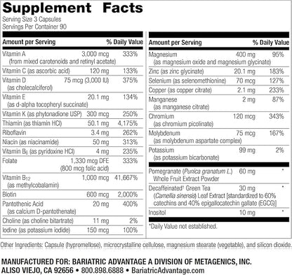Bariatric Advantage Ultra Multi Without Iron - High Potency Multivitamin - for Surgery Patients with Calcium, Vitamin C & More - 270 Capsules