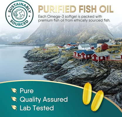 Triple Strength Omega 3 Fish Oil Supplement, EPA & DHA Fish Oil Omega 3 Essential Fatty Acids Supplement Softgels, 2400 mg Brain & Heart Health Support Supplements, Gluten Free, Non-GMO, 120 Softgels