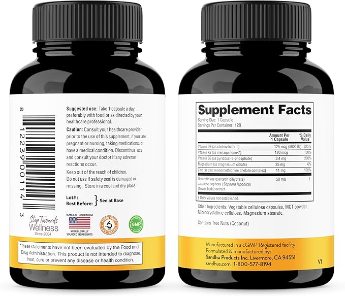 Vitamin D3 K2 5000 IU 120 Capsules (Pack of 2)| with Zinc, Magnesium & Quercetin | 5000IU of D3, 120mcg K2 | Superior Absorption, Supports Natural Energy, Immune, Bone & Muscle Health for Men & Women