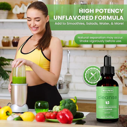 WellPath Chlorophyll Liquid Drops with Copper - High Potency Vegan Liquid Chlorophyll for Body Odor, Liver Detox, Digestion Support & Immune Support - Internal Deodorant, Made in USA, Non-GMO, 2 Fl Oz