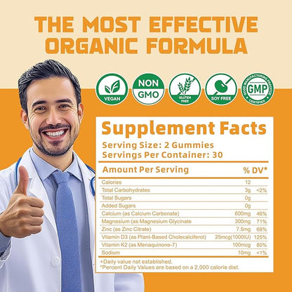 Calcium Magnesium Zinc Gummies with Vitamin D3 & K2 - High Potency Enhanced Absorption -60 Orange Gummies Flavored.