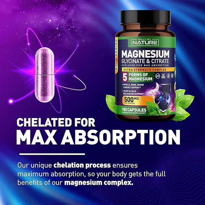 Magnesium Complex 500mg - 5 Forms of Magnesium Glycinate, Citrate, Malate, Oxide & Aquamin with 72 Trace Minerals - Chelated for Absorption - Supplement for Muscle, Nerve, Heart & Sleep (180 Capsules)