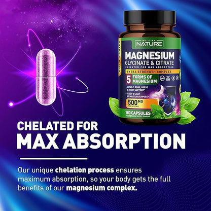 Magnesium Complex 500mg - 5 Forms of Magnesium Glycinate, Citrate, Malate, Oxide & Aquamin with 72 Trace Minerals - Chelated for Absorption - Supplement for Muscle, Nerve, Heart & Sleep (180 Capsules)