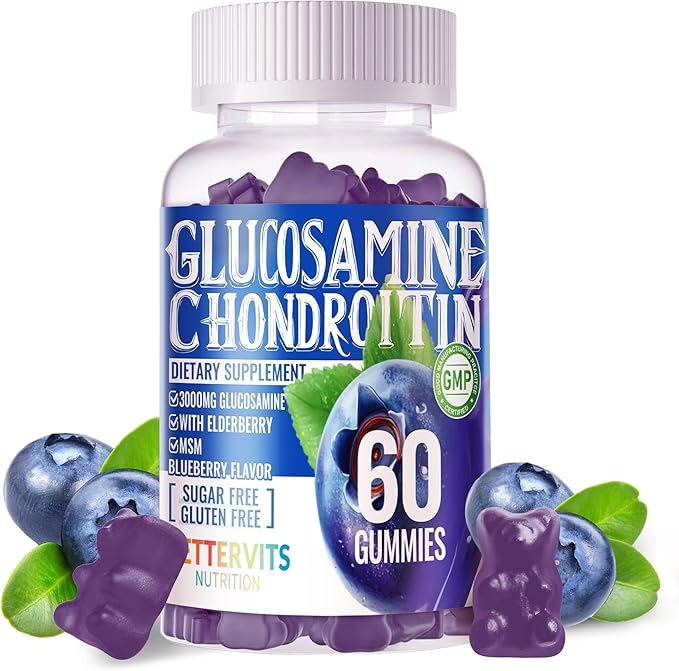 Glucosamine Chondroitin Gummies with MSM & Elderberry Extra Strength - Joint Support, Antioxidant Immune Support Supplement for Adults, Men & Women.60 Blueberry Gummies