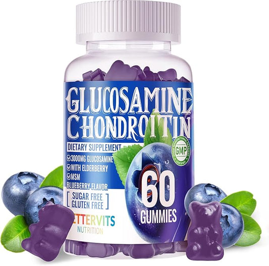 Glucosamine Chondroitin Gummies with MSM & Elderberry Extra Strength - Joint Support, Antioxidant Immune Support Supplement for Adults, Men & Women.60 Blueberry Gummies