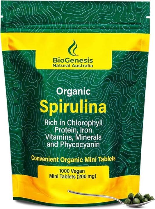 Organic Spirulina | BioDynamic Cracked Cell Wall, Chlorophyll-Rich, Vitamins, Minerals | Vegan Tablets (200 mg) ((1000)