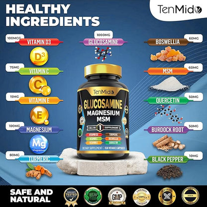 Glucosamine MSM Supplement for Men and Women - 11in1 Formula - Combine with Magnesium, Turmeric, Boswellia, Quercetin, Burdock Root, and More | Joint & Mobility Support - 150 Capsules