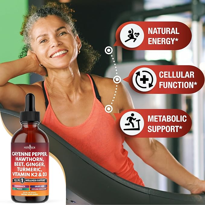 Cayenne Pepper Supplement Liquid Drops + Hawthorn Berry, Vitamin D3 K2 Beet Root Powder, Ceylon Cinnamon, Turmeric Curcumin, Organic Panax Ginseng - 8 oz