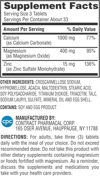 Earth's Splendor 1000 mg Calcium, 400 mg Magnesium, and 15 mg Zinc, Heart and Immune System Health, Bone and Muscle Support Dietary Supplement, 100 Tablets 1 + Month Supply