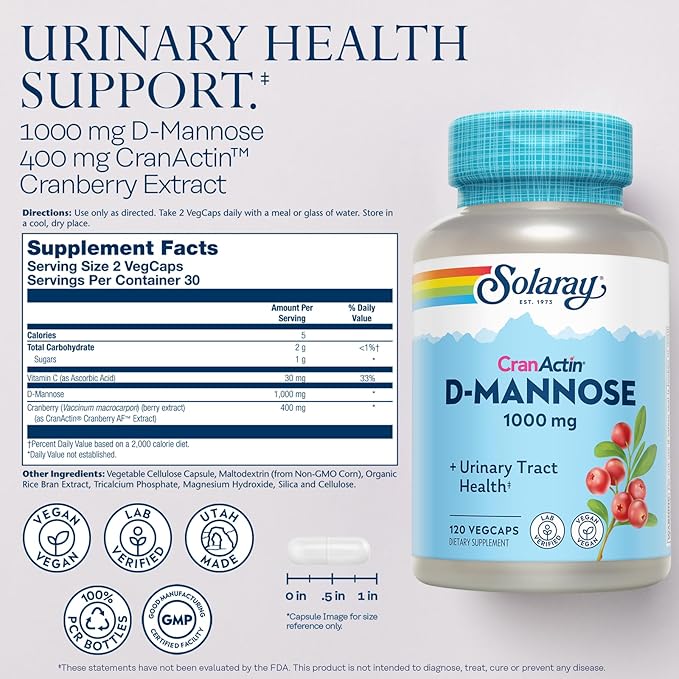 SOLARAY D-Mannose 1000mg with CranActin Cranberry Extract - D Mannose Cranberry Supplement with Vitamin C - Supports Urinary Tract and Bladder Health - Vegan, 60 Day Guarantee, 60 Serv, 120 VegCaps