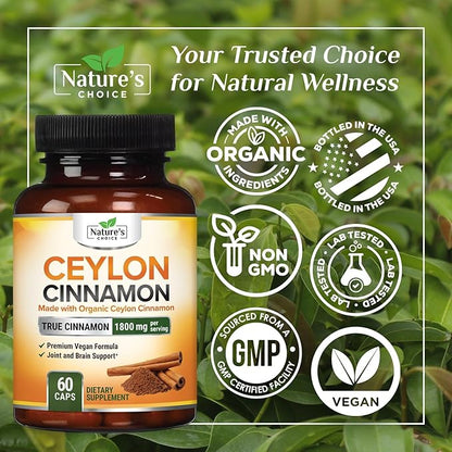 Organic Ceylon Cinnamon Capsules 1800mg - Pure Ceylon Cinnamon Supplements, 1800 mg Certified Organic Powder, Bottled in USA, Non-GMO Gluten Free Sugar Free, Antioxidant Pills Supplement, 60 Capsules