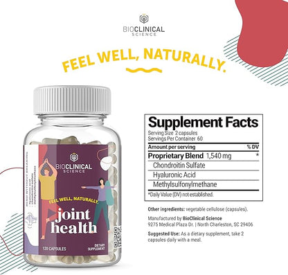 Joint Health - Scientifically formulated with Chondroitin Sulfate, Hyaluronic Acid, and Methylsulfonylmethane - 120 Capsules - 60 Day Supply