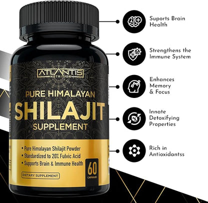 Atlantis Nutrition Himalayan Shilajit Capsules Formulated with 20% Fulvic Acid | 10:1 Extract Providing 10,000mg D.H.E. | USA Made | Himalayan Shilajit Supplement for Men & Women | 60 Capsules