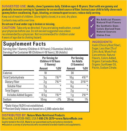Nature Made Prebiotic Fiber Gummies for Adults and Kids, Fiber Supplement for Digestive System Support, 90 Gummies