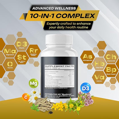 St. John's Wort Rhodiola Rosea Ashwagandha Holy Basil Valerian Chamomile Black Pepper -150 Capsules- Made in USA